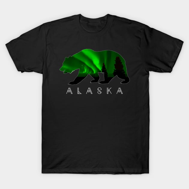 Alaskan Bear With Green Aurora Borealis Trees T-Shirt by Weirdcore